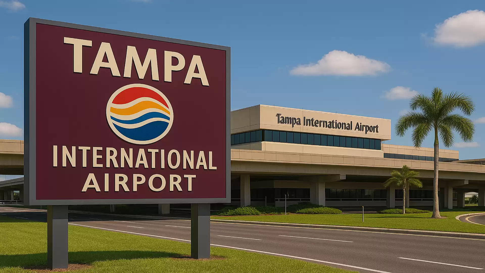 Sign of Tampa International Airport in front of a modern building complex with palm trees.