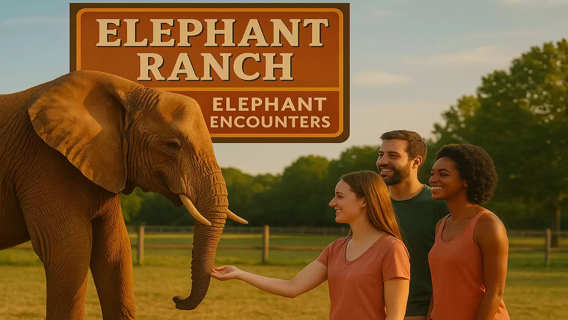 Three people interact with an elephant in a wide field at sunset. A sign reading 'Elephant Ranch Elephant Encounters' is visible in the background.