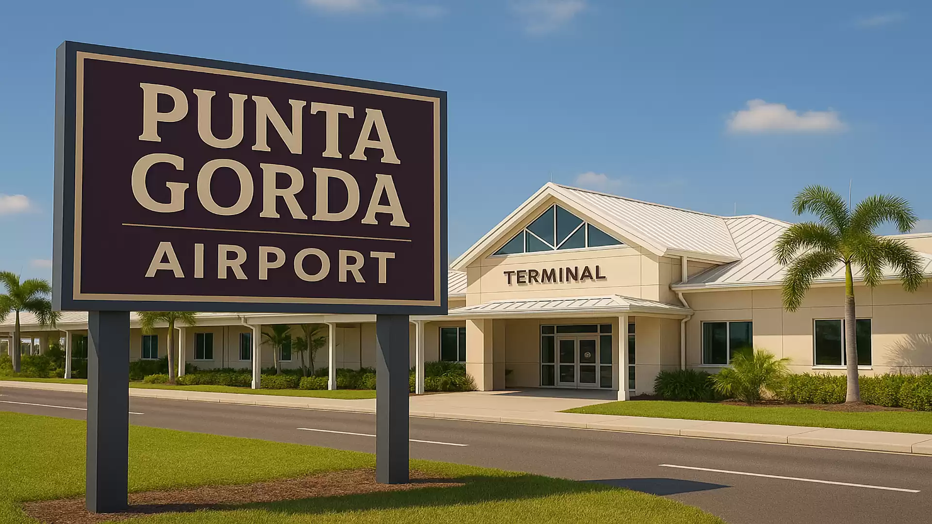 Exterior view of Punta Gorda Airport with a large sign in the foreground and surrounded by palm trees.