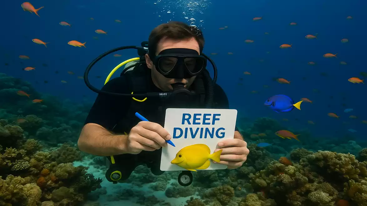 Diver underwater holding a sign saying 'Reef Diving' next to a yellow fish, surrounded by corals and colorful fish.