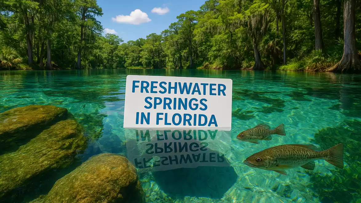 Crystal clear water of a freshwater spring in Florida, surrounded by green trees and fish swimming in the water.