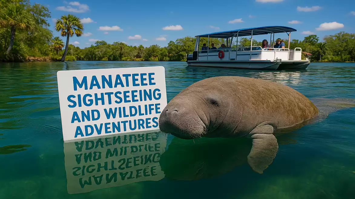Manatee swimming next to a sign for Manatee Sightseeing in clear water with a boat in the background.