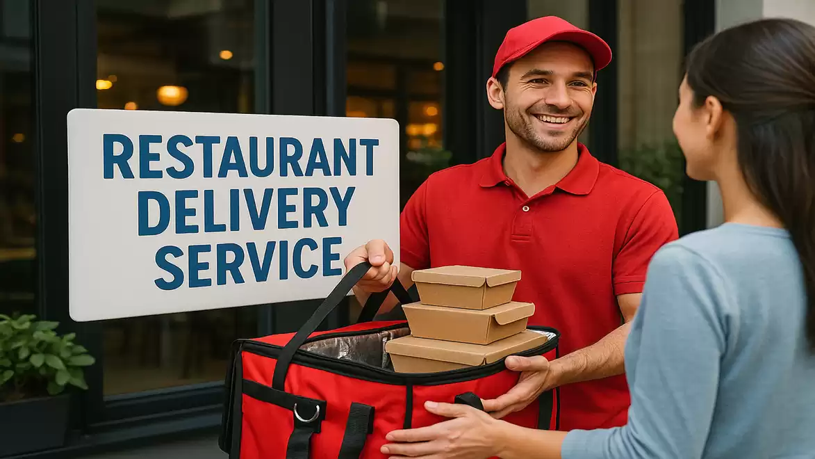 A smiling delivery man in a red outfit hands over food boxes to a woman. In the background, a sign reads 'RESTAURANT DELIVERY SERVICE'.