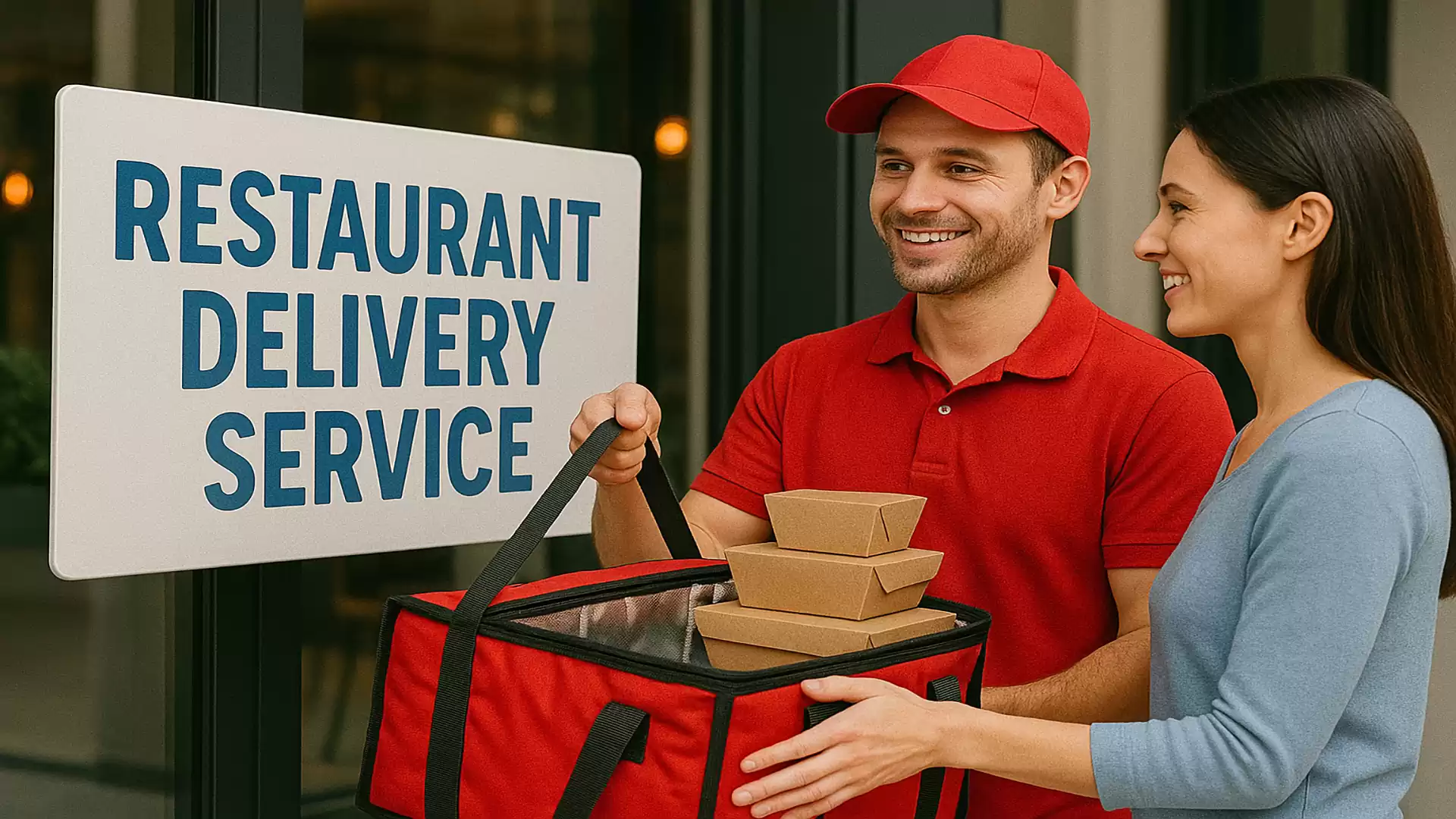 A restaurant delivery person in red clothing handing food in cardboard boxes to a woman in front of a sign that reads 'Restaurant Delivery Service'.