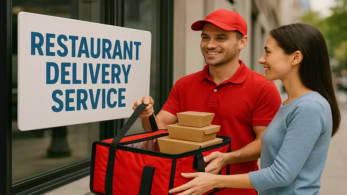 A delivery driver in a red uniform hands over a red bag with takeaway boxes to a woman in front of a restaurant. The window sign reads 'Restaurant Delivery Service'.