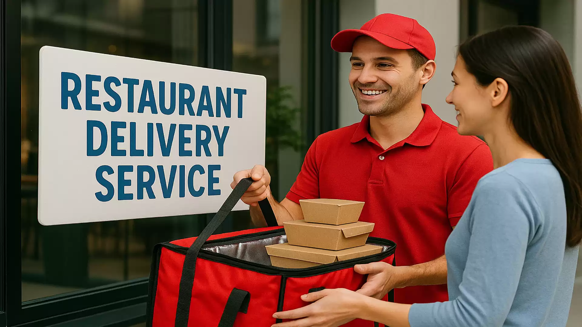 A delivery person hands over a parcel to a woman in front of a 'Restaurant Delivery Service' sign.