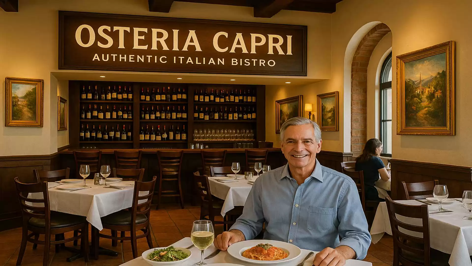 A man is seated in an elegant Italian bistro named 'Osteria Capri,' enjoying an authentic Italian dish. Surrounded by a warm and inviting atmosphere, wine bottles are visible in the background.