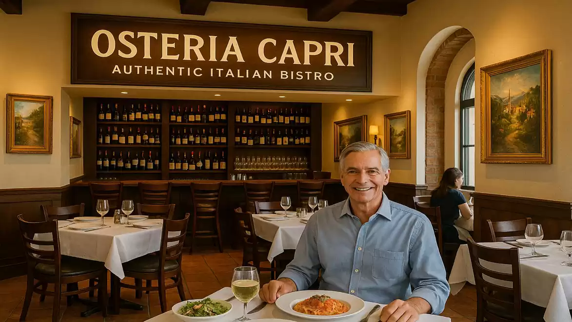 A man is seated in an elegant Italian bistro named 'Osteria Capri,' enjoying an authentic Italian dish. Surrounded by a warm and inviting atmosphere, wine bottles are visible in the background.