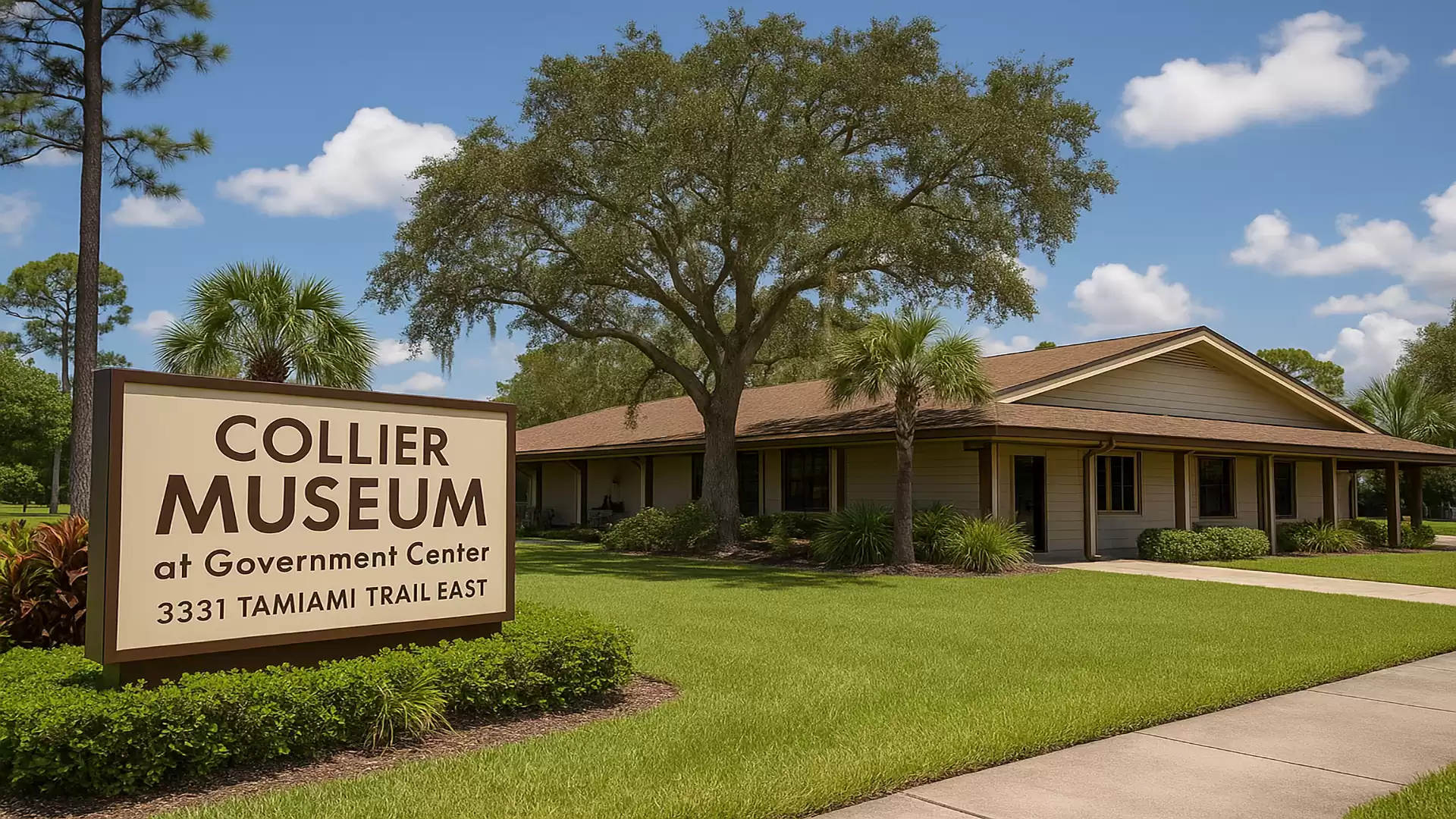 The Collier Museum under bright weather, surrounded by green lawn and a large tree in front of the building.