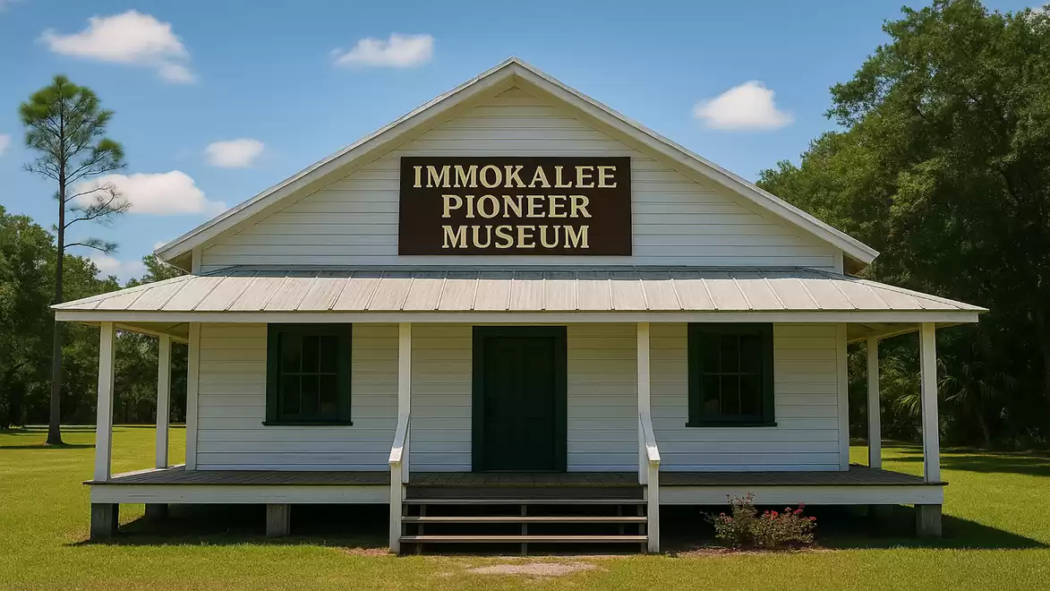 A white building with a sign reading 'Immokalee Pioneer Museum' surrounded by green lawns and trees under a clear blue sky.