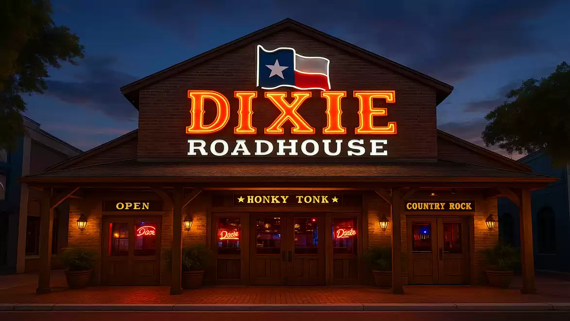 Exterior view of Dixie Roadhouse with glowing neon sign at night.