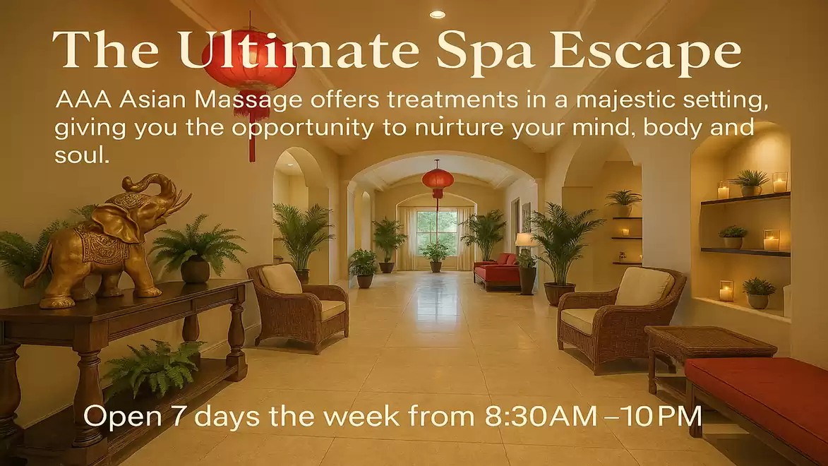 A luxurious spa area with warm lighting, elegant chairs, and nature-inspired decorations invites relaxation. The text on the image advertises the ultimate spa escape.