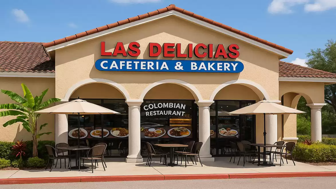 Exterior view of a Colombian restaurant named Las Delicias Cafeteria & Bakery with umbrellas and outdoor seating.