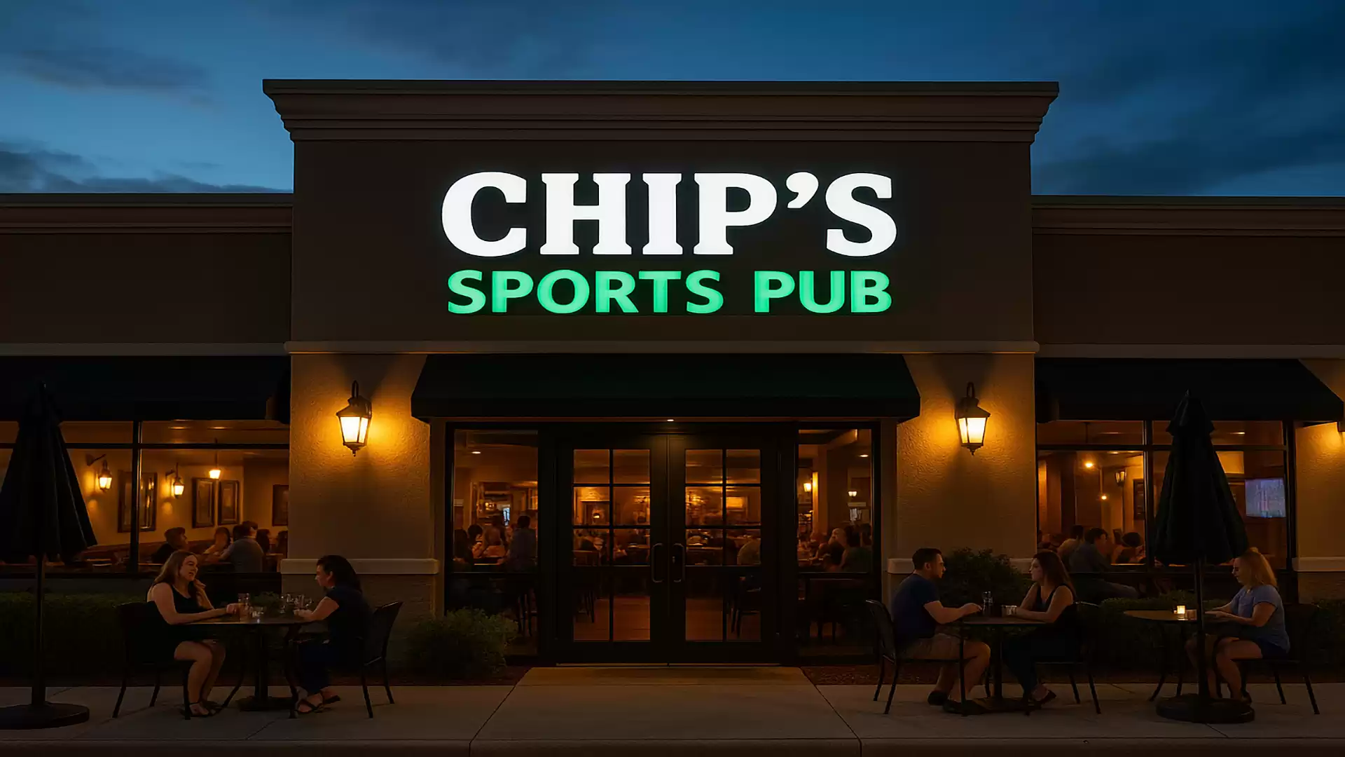 Exterior view of Chip's Sports Pub at night, illuminated with people sitting outside.