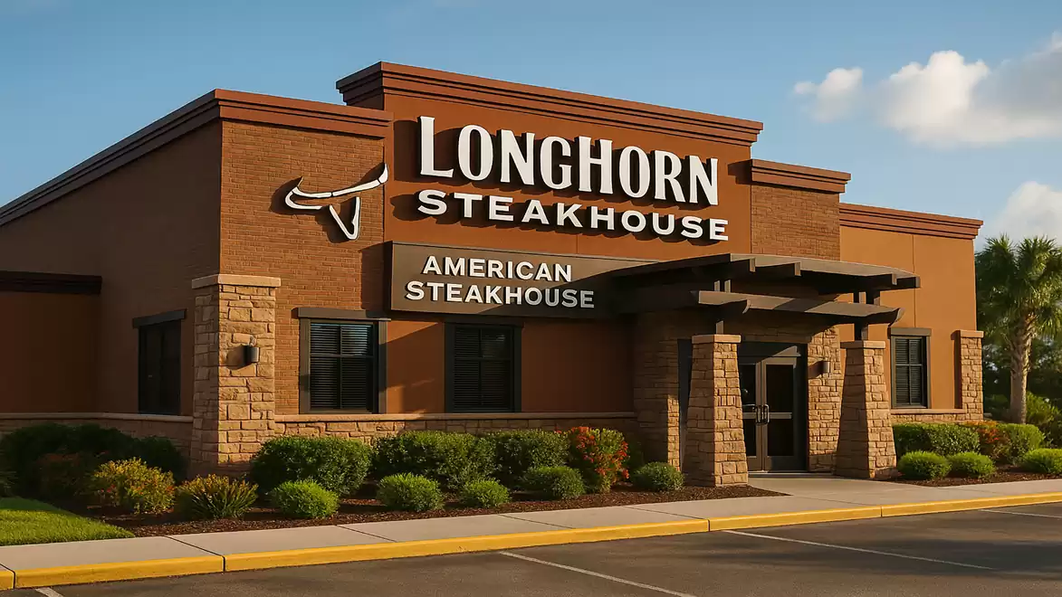 Exterior view of a LongHorn Steakhouse, an American steakhouse with brick facade and distinctive logo.