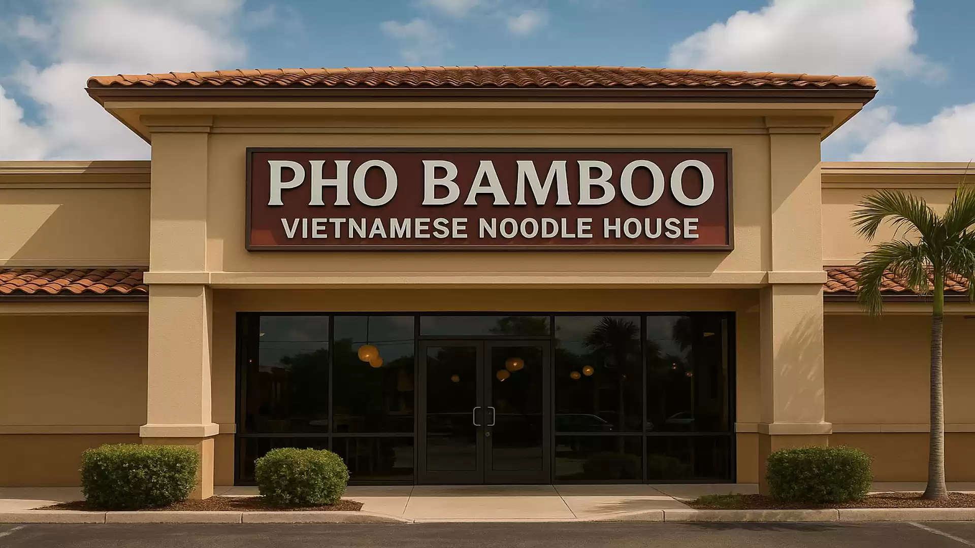 Exterior view of a Vietnamese restaurant called Pho Bamboo in daylight.