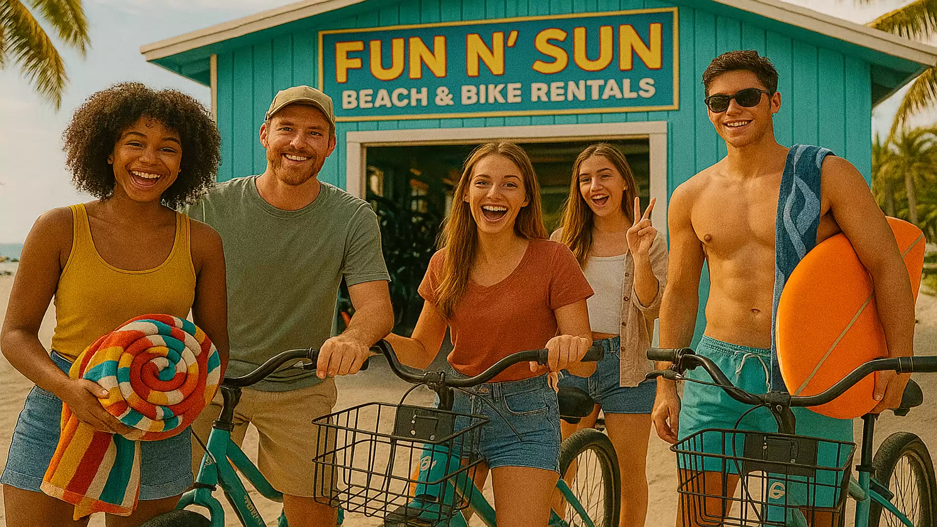 A group of young adults with bicycles in front of a beach rental shop named Fun N' Sun. They are smiling and ready for a sunny day at the beach.