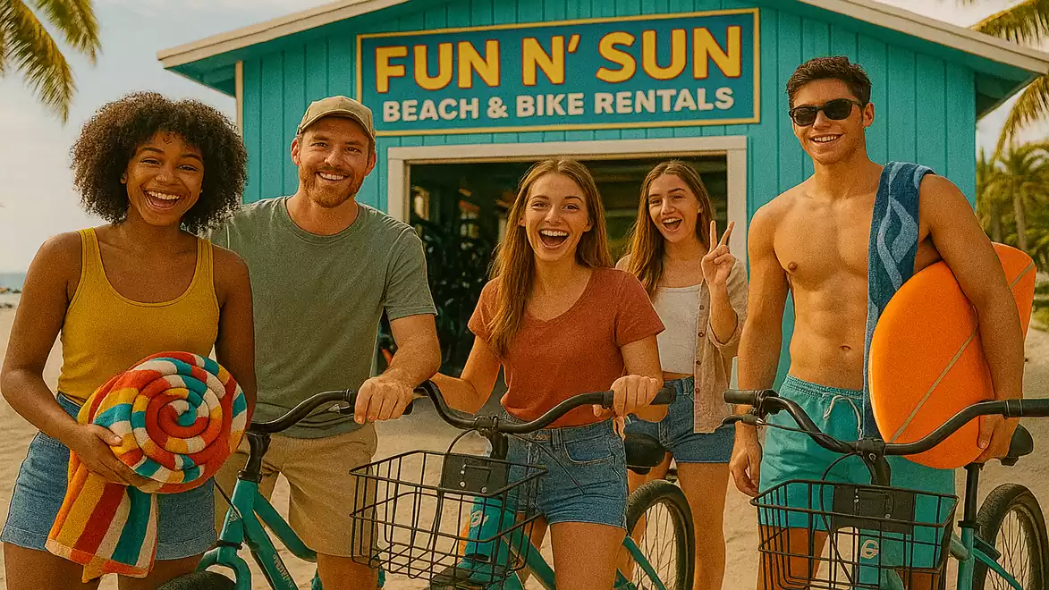 A group of young adults with bicycles in front of a beach rental shop named Fun N' Sun. They are smiling and ready for a sunny day at the beach.