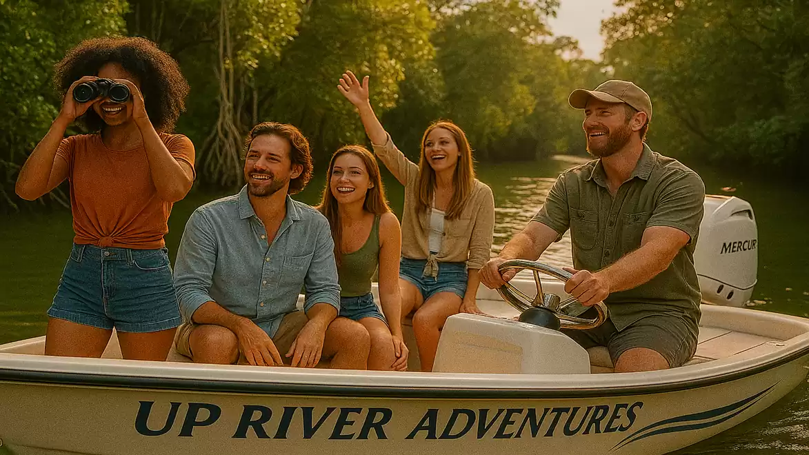 A happy group of friends enjoys a boat trip on a river surrounded by green trees.