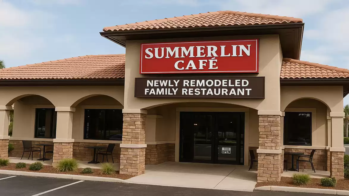 Exterior view of Summerlin Café, a newly remodeled family restaurant with Mediterranean architecture and a red roof.