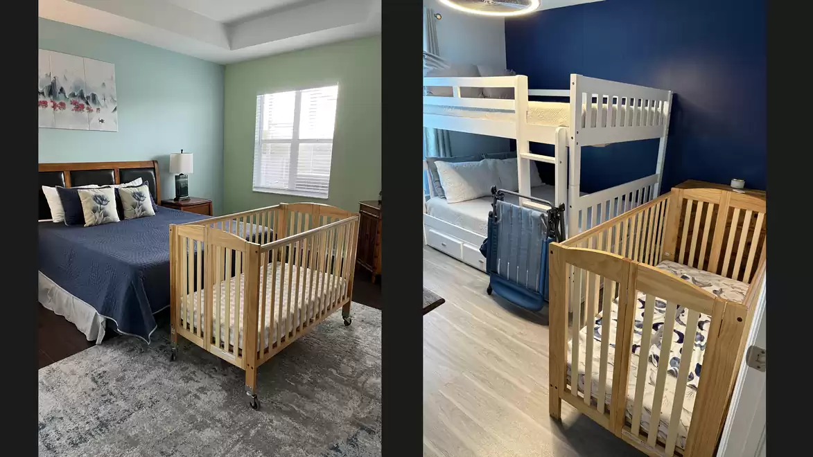Two different bedrooms: Left with a double bed and a baby crib in front, right with a bunk bed and a baby crib beside.