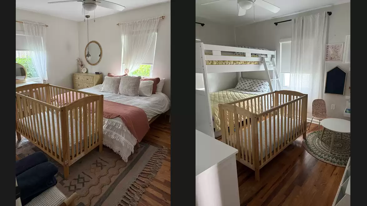 Two cozy bedrooms with simple decor. Left shows a double bed with a crib, right shows a bunk bed with a crib.