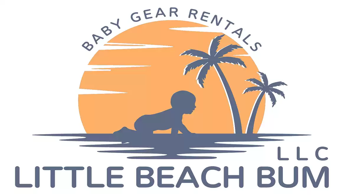 Logo featuring a crawling baby with palm trees and sunset for a baby gear rental service.