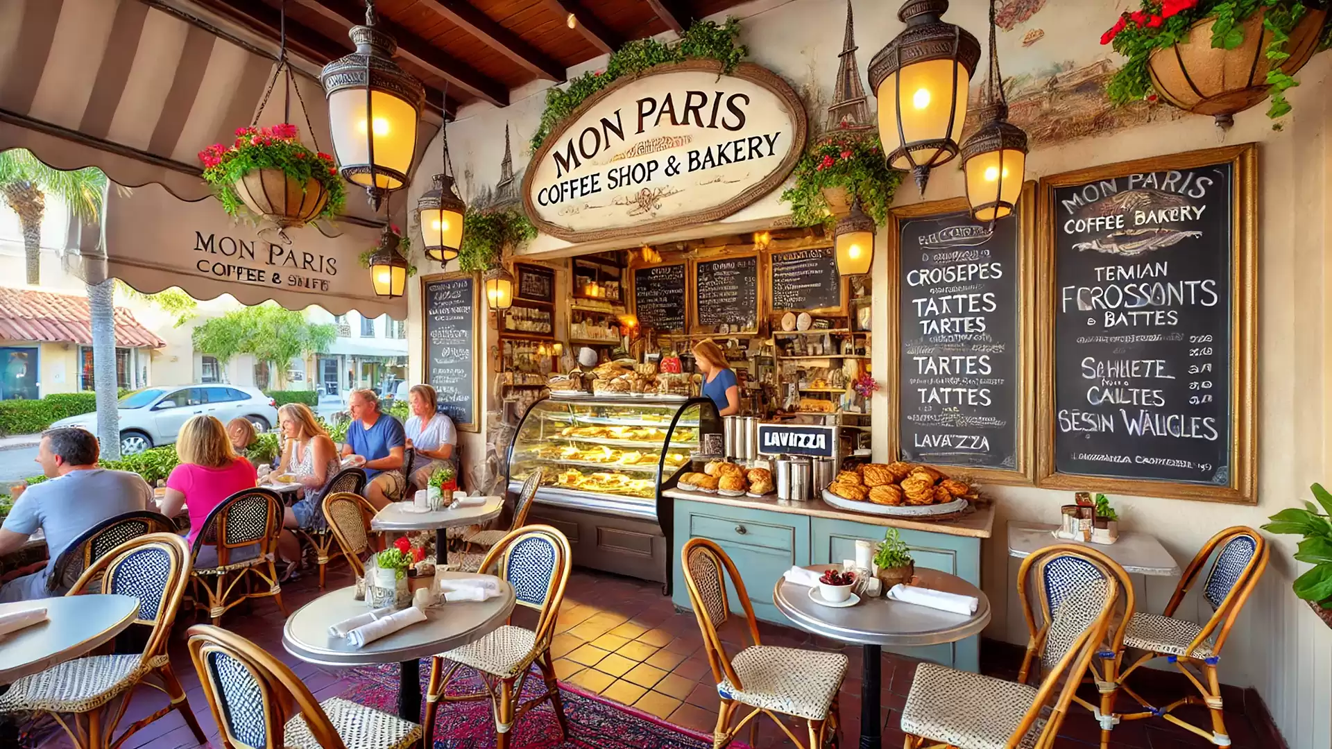 Cozy Parisian-style café with outdoor seating, guests enjoying food and drinks, menu on chalkboards.