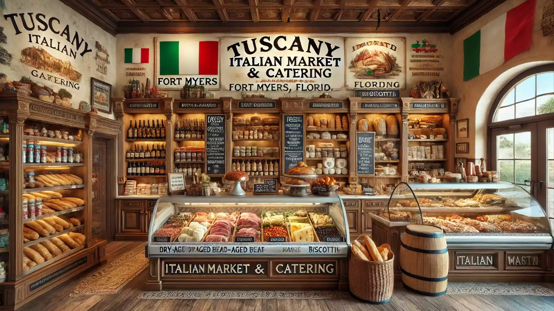 An Italian market featuring a wide selection of bread, meats, cheeses, and wine, decorated with Italian flags and signs. A welcoming ambiance in a traditional style.