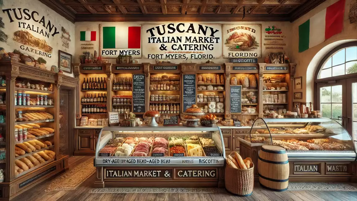 An Italian market featuring a wide selection of bread, meats, cheeses, and wine, decorated with Italian flags and signs. A welcoming ambiance in a traditional style.