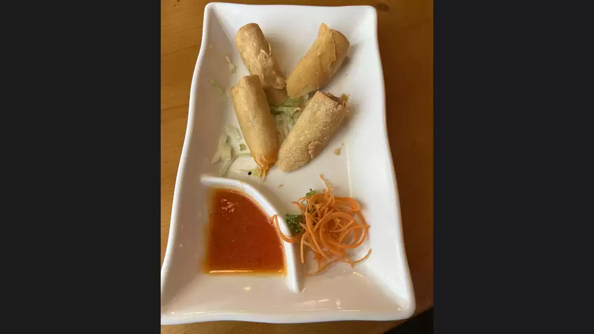 A rectangular white plate with four spring rolls, a dip, and a garnish of shredded carrots served.