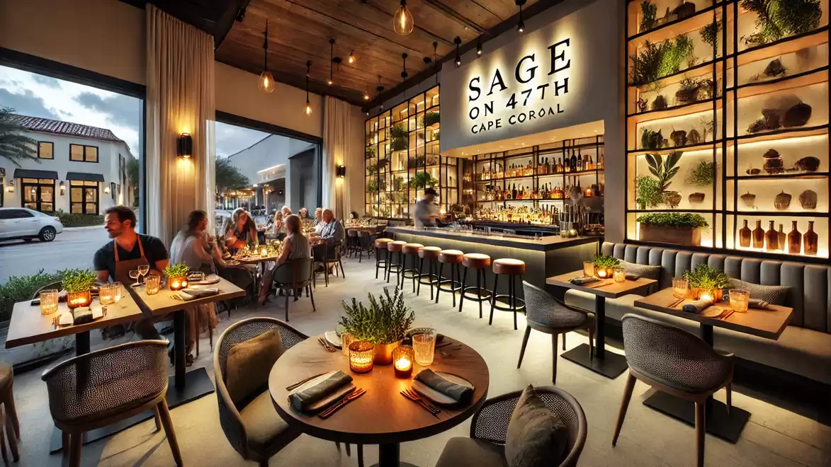 Modern restaurant with stylish interior, illuminated by warm lights, adorned with plants and well-occupied tables.
