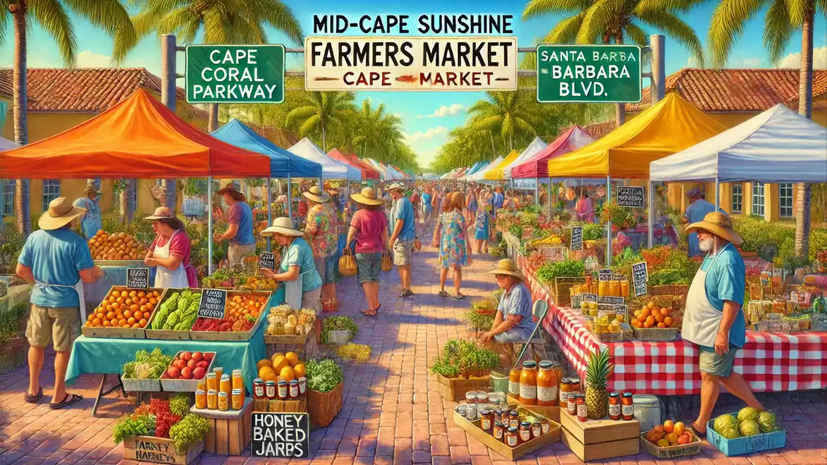 A vibrant farmers market with colorful tents and many people buying fresh produce. Signs indicate the Mid-Cape Sunshine Farmers Market.