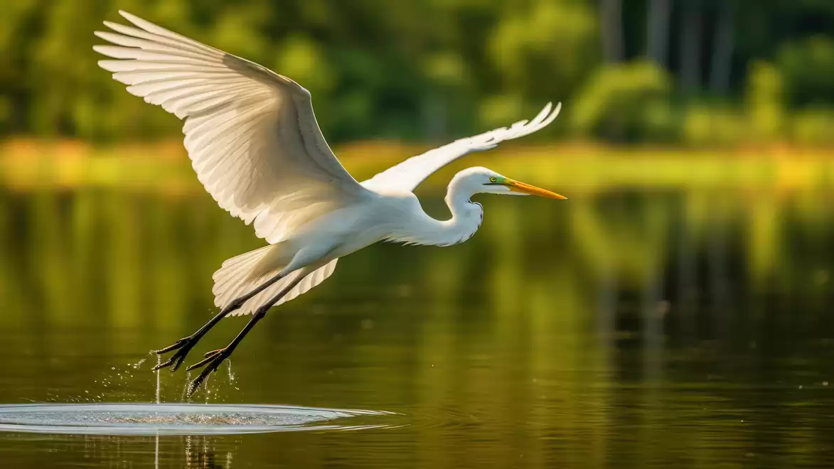 A heron flies over a lake with its wings gleaming in the sunlight.