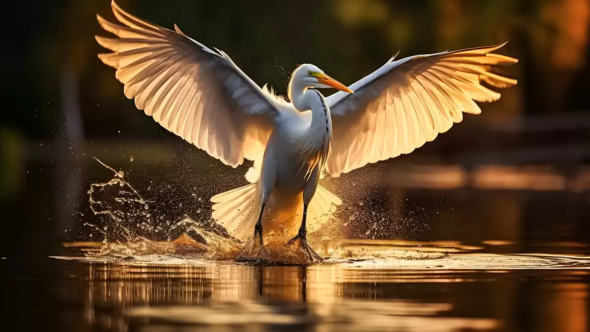 A white heron with outstretched wings stands in the water. The evening light illuminates its feathers, creating a glowing aura.