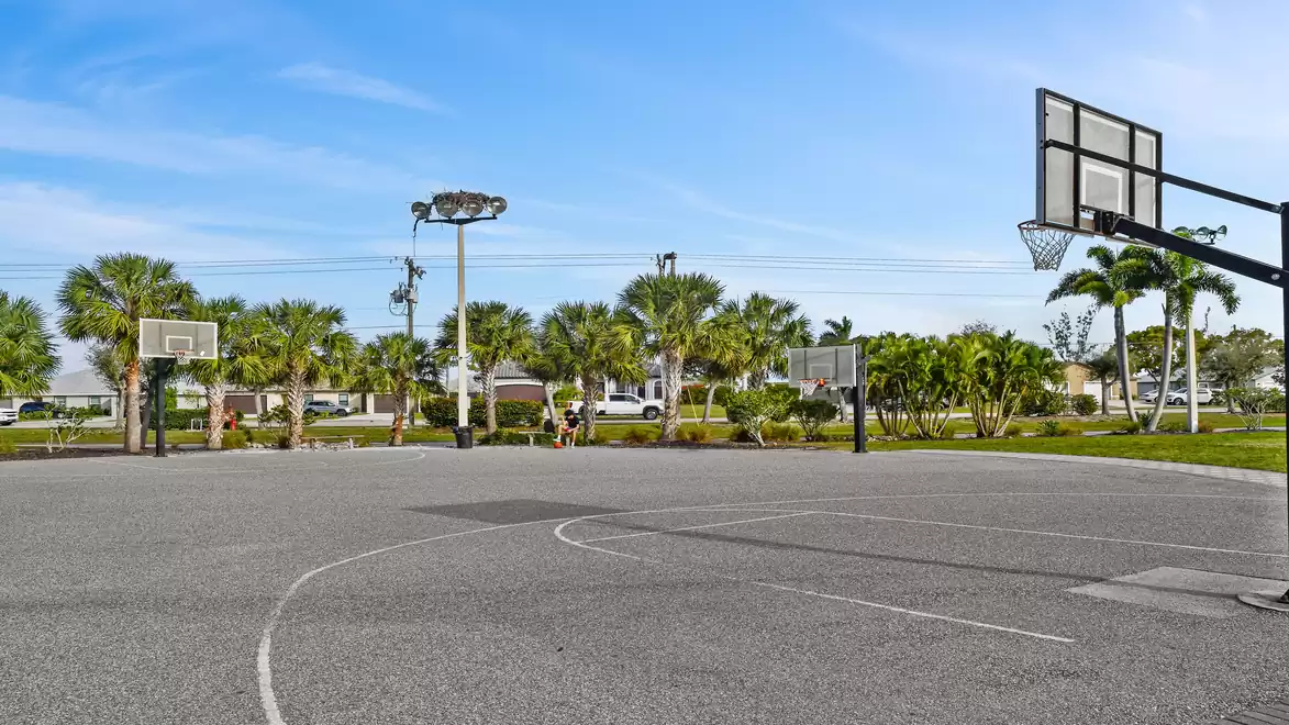 An empty outdoor basketball court with palm trees and blue sky in the background.