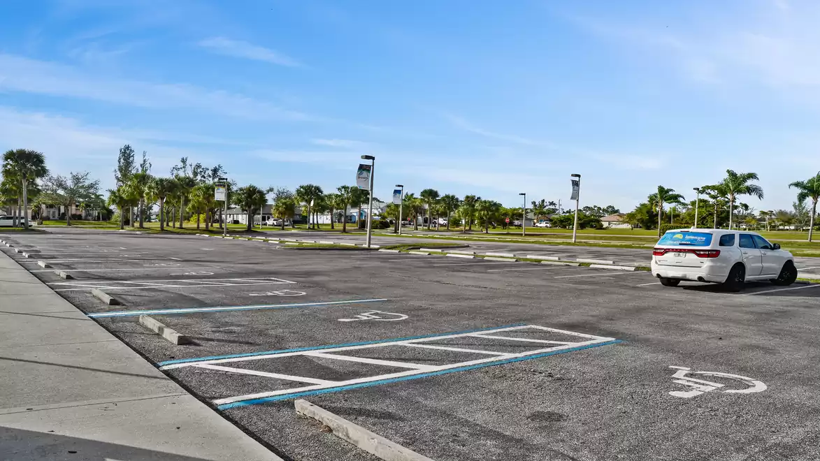 An empty parking lot on a sunny day with a single parked car and palm trees in the background.