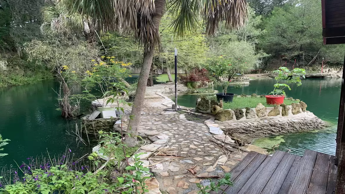 A picturesque garden with a stone path winding around a pond, surrounded by lush greenery and trees.