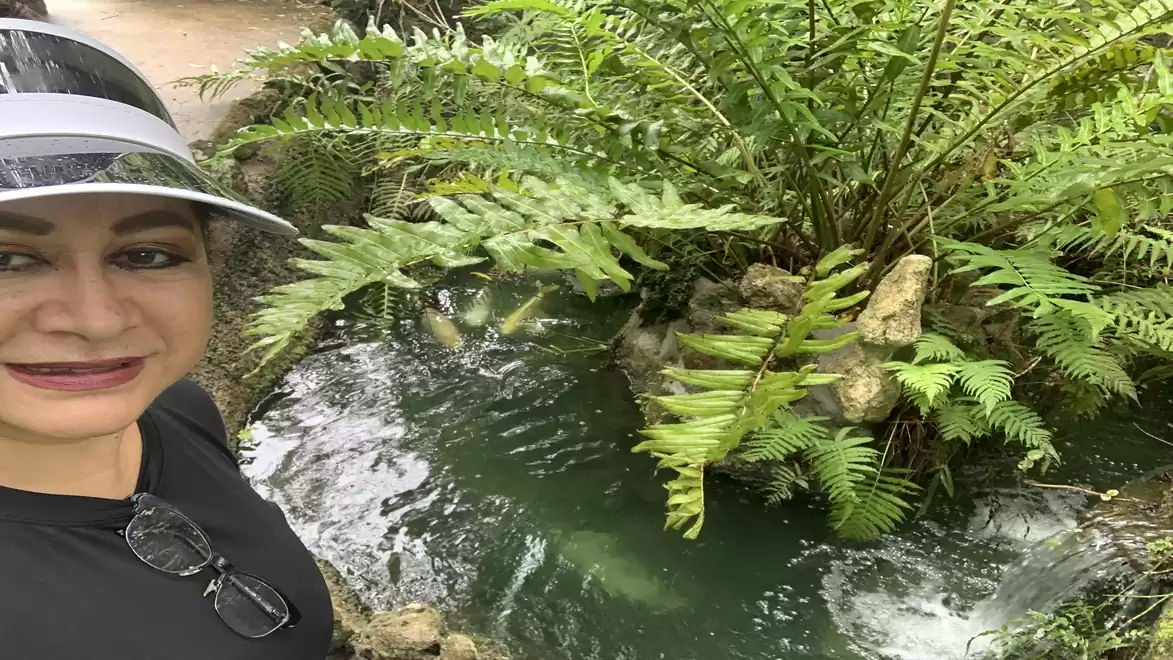 Woman with hat and sunglasses in front of a small pond with lush ferns and rocks in the background.