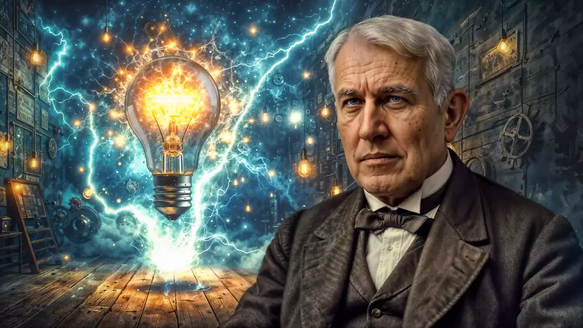 Portrait of Thomas Edison in a suit in front of a background with a large light bulb and electrical sparks in a warehouse.