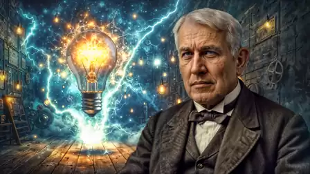Portrait of Thomas Edison in a suit in front of a background with a large light bulb and electrical sparks in a warehouse.
