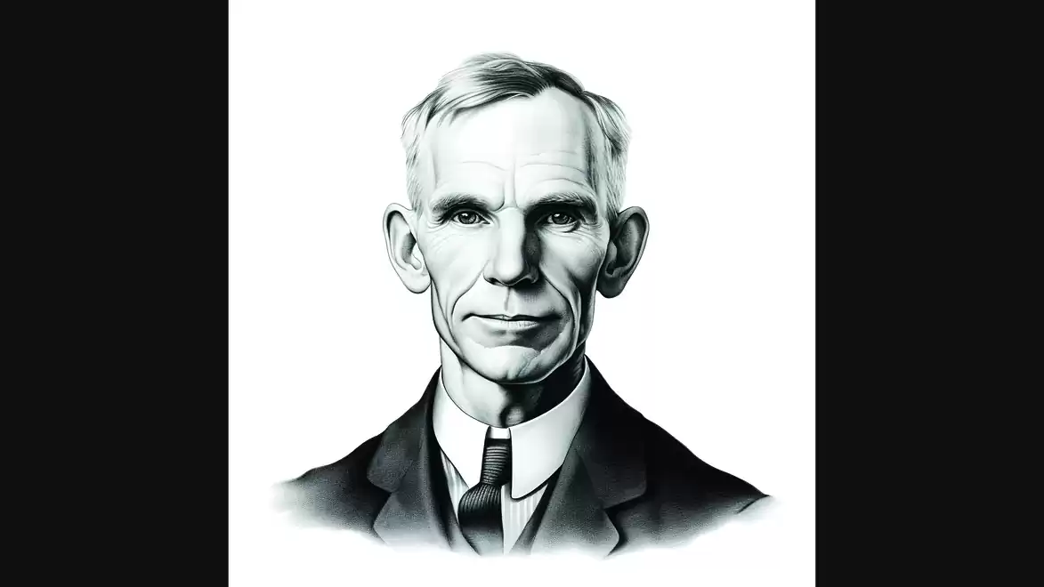 Black and white portrait from Henry Ford in a suit against a white background.