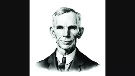 Black and white portrait from Henry Ford in a suit against a white background.