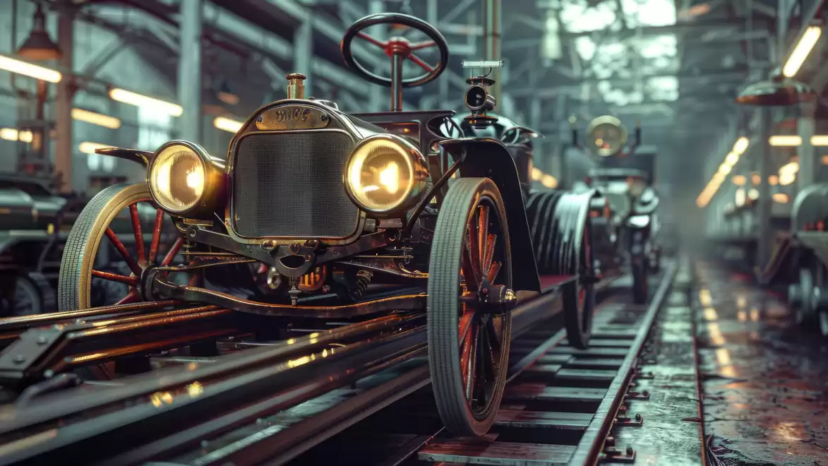 Vintage car in a historic factory setting with shining lights and a nostalgic flair