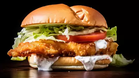 Close-up of a crispy grouper sandwich with lettuce, tomatoes, and a creamy sauce on a glossy bun against a black background.