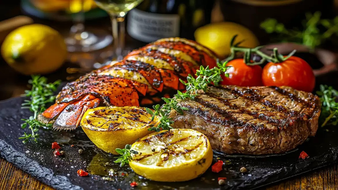 Grilled steak and lobster with lemon slices and tomatoes on a slate plate, accompanied by herbs.