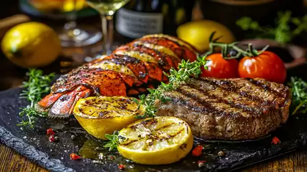 Grilled steak and lobster with lemon slices and tomatoes on a slate plate, accompanied by herbs.