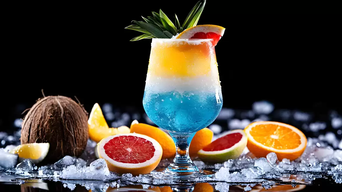 A colorful cocktail in a glass on a table with ice, surrounded by orange, lemon, and grapefruit slices and a coconut against a black background.