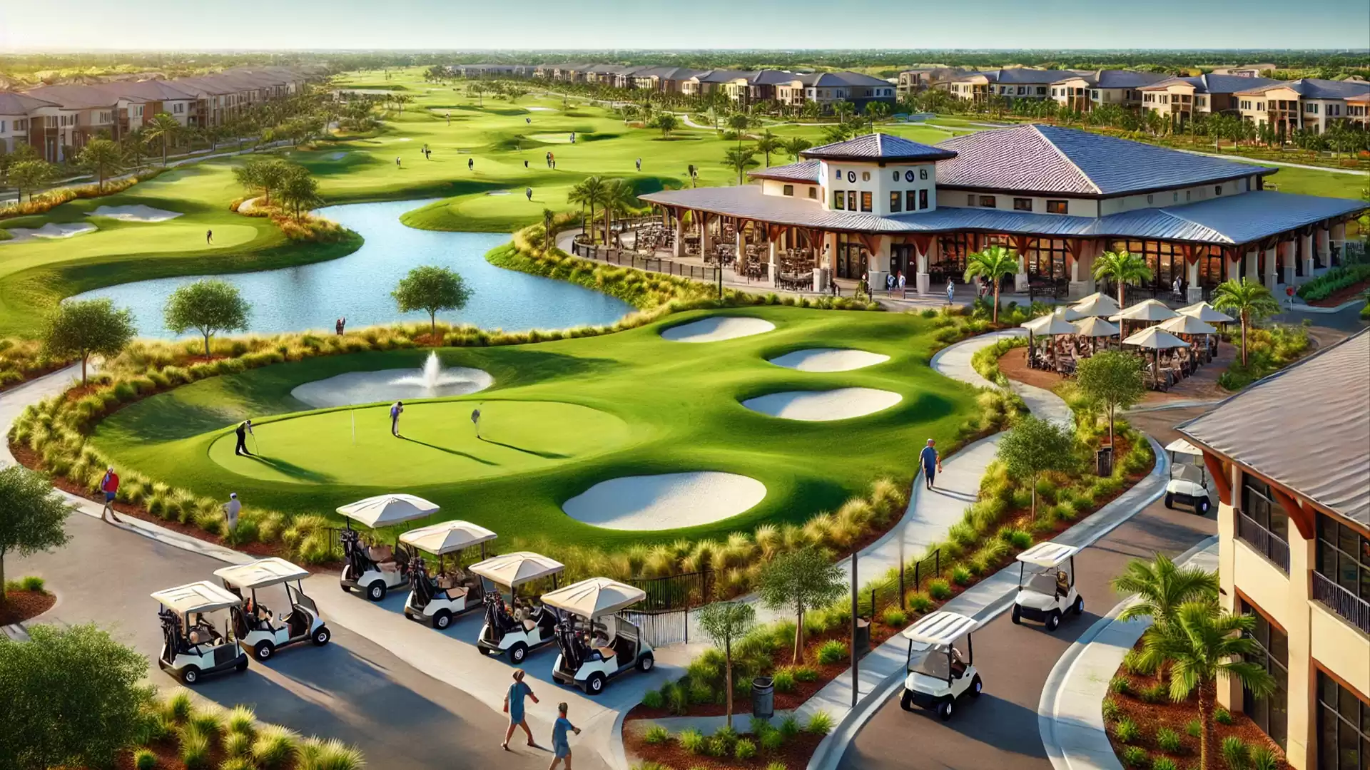 Expansive golf course with clubhouse, golf carts, and players in the foreground.
