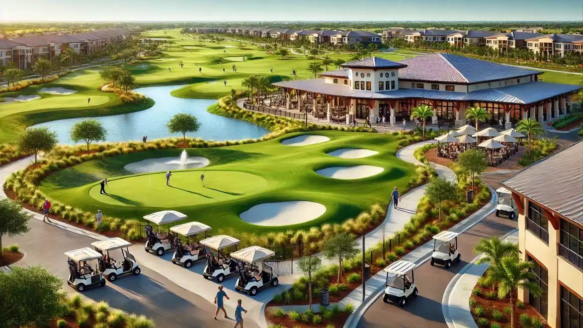 Expansive golf course with clubhouse, golf carts, and players in the foreground.